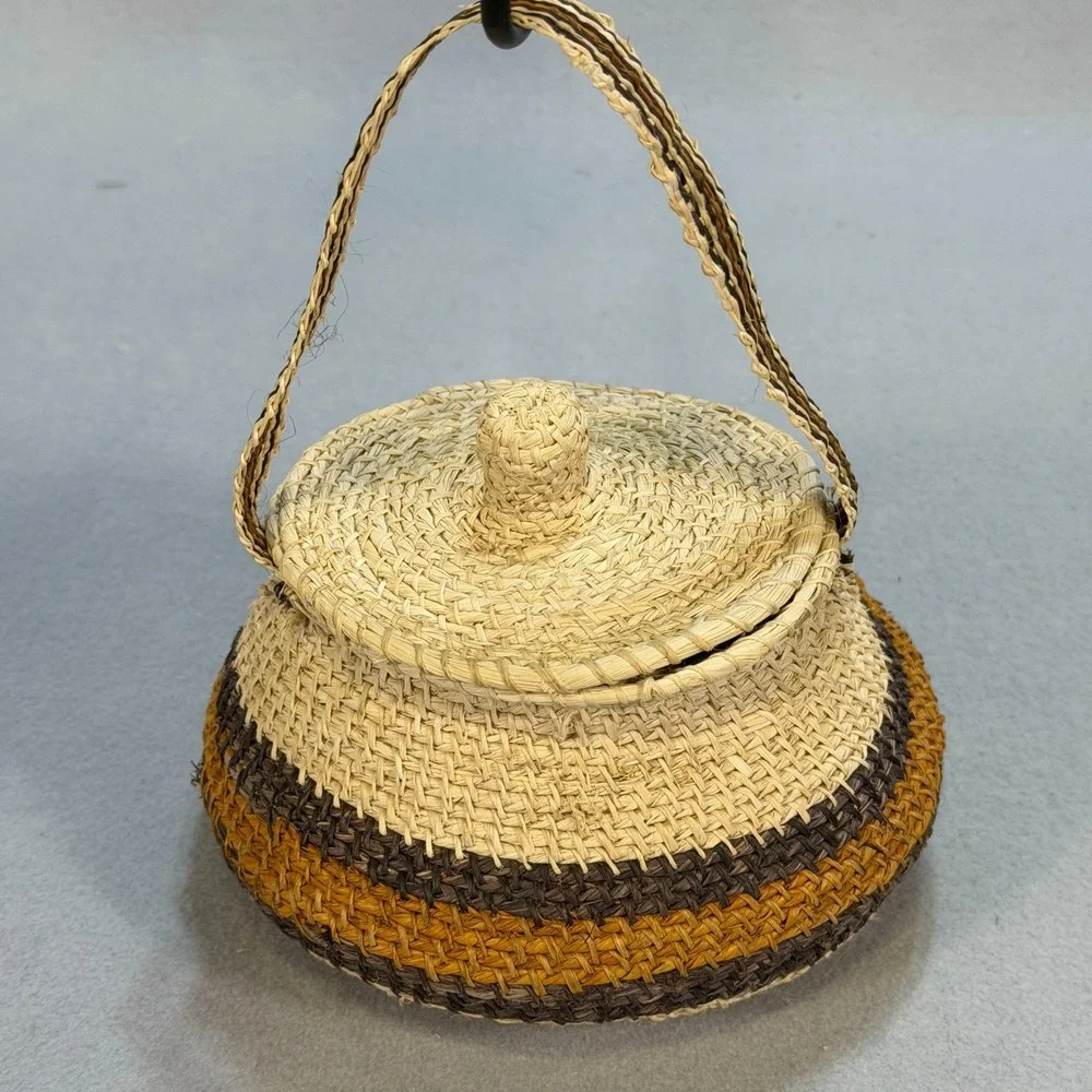 Southwestern Style Woven Basket with Lid & Handle – Rustic Boho Home Decor